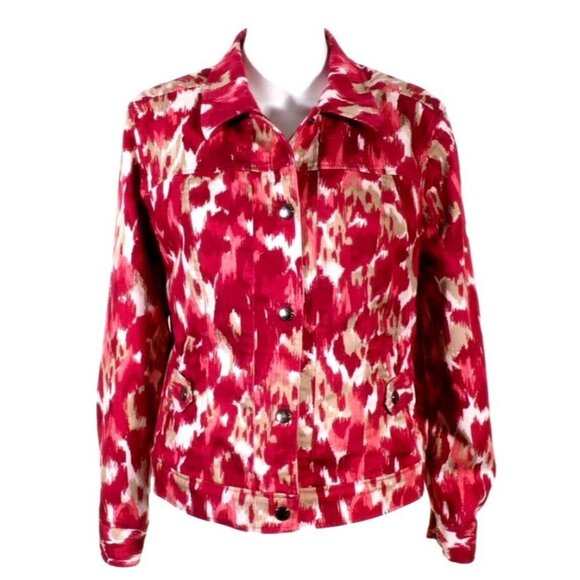 Christopher Banks Women Jacket Size M Stretch Denim Red Multi Snaps Camo - Picture 1 of 10